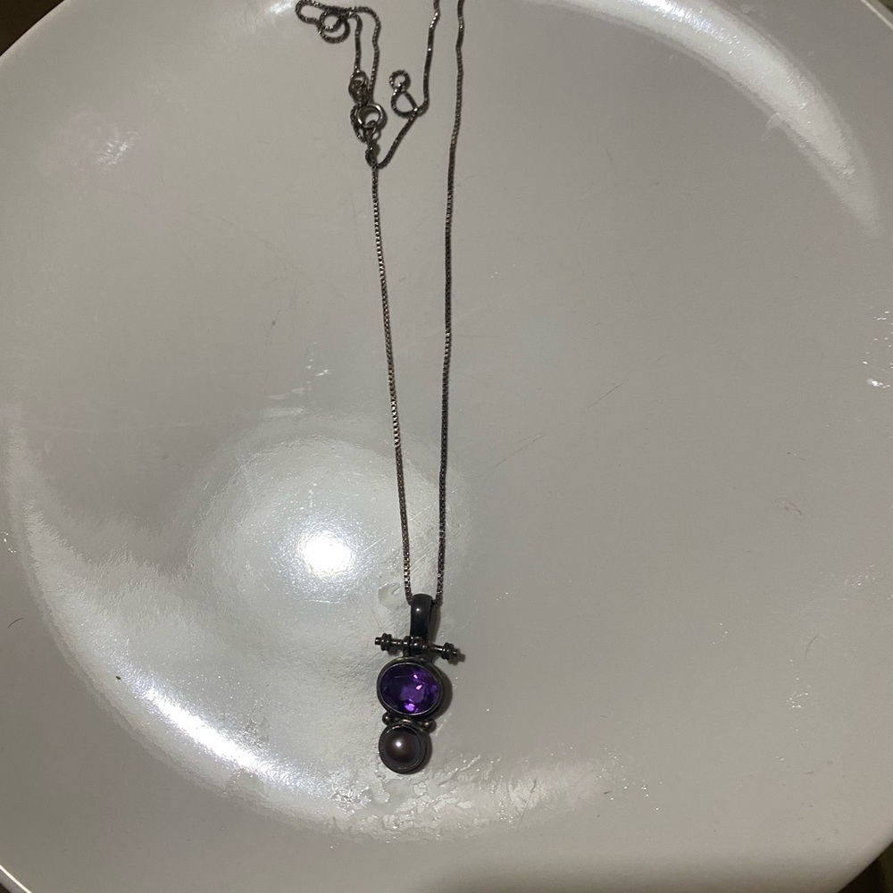 Vintage Ethnic Sterling Amethyst Pendant 925 Necklace With Pearl? - Picture 3 of 9